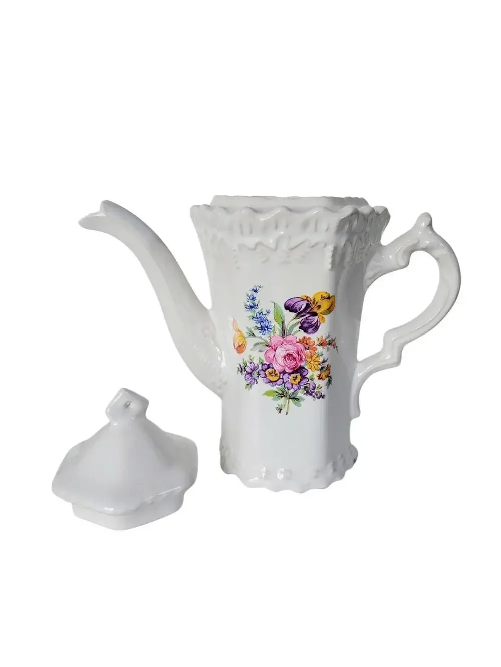 Antique Porcelain Coffee pot/Teapot Embossed Floral 3d Lace Marked With Lid